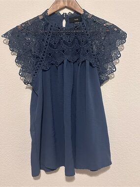 Rain Navy Crochet Yoke Flutter Blouse